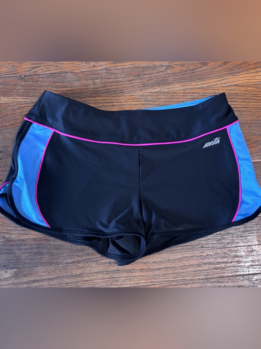 Avia Black Athletic Shorts with Blue Panels and Pink Piping